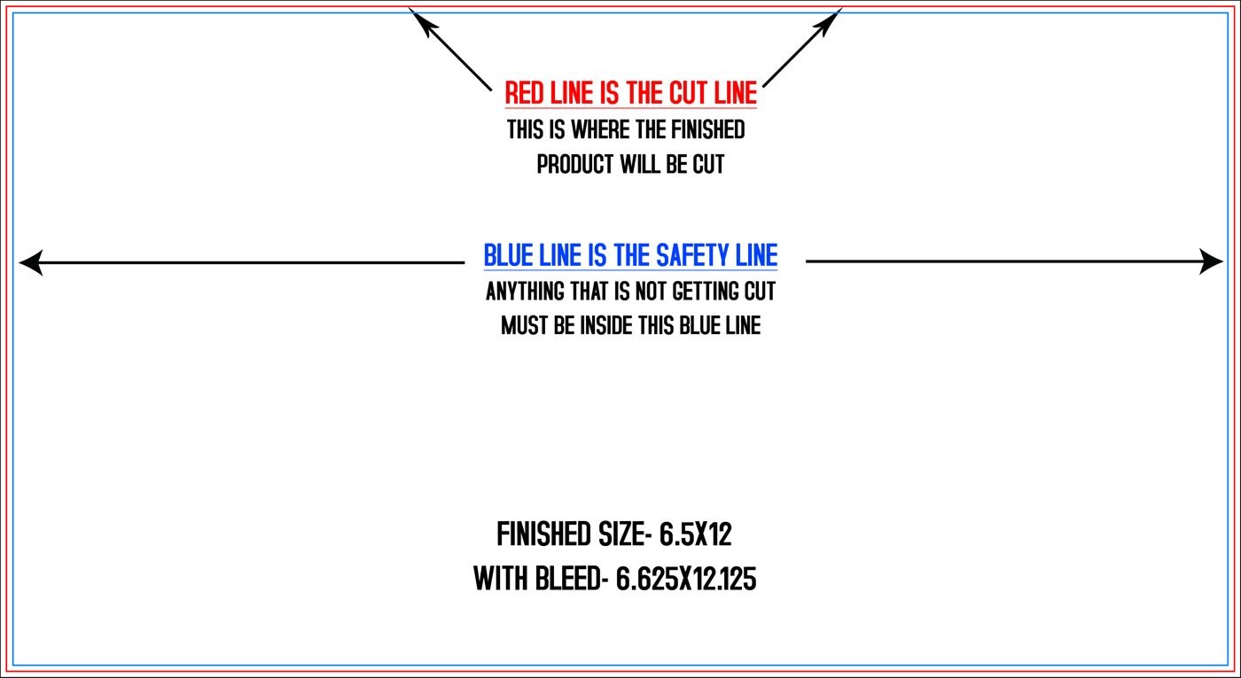 Postcards 6.5" x 12" Horizontal trim, safety and fold template guide
