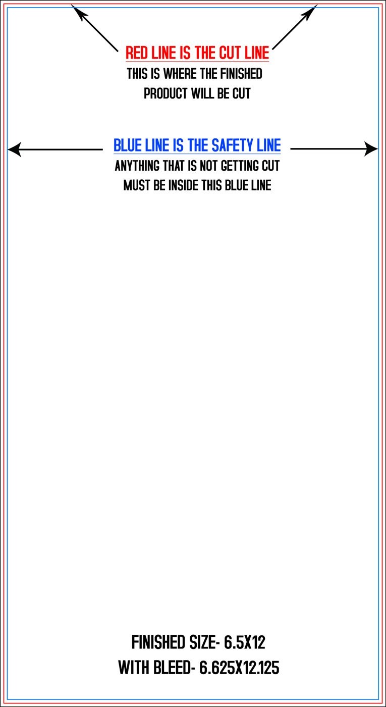 Postcards 6.5" x 12" Vertical trim, safety and fold template guide