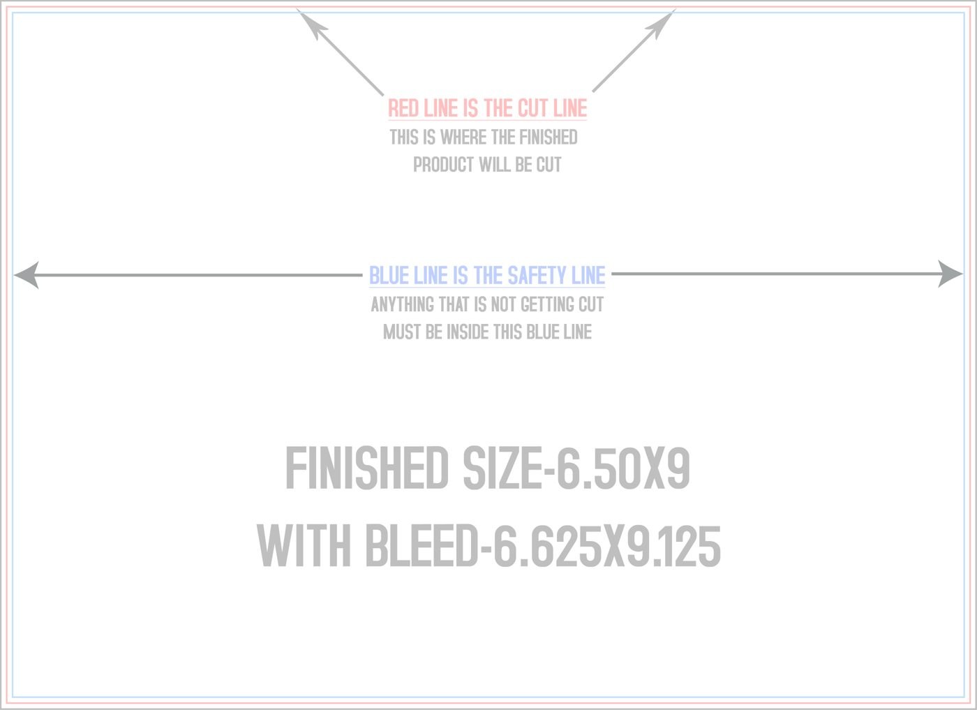 Postcards 6.5" x 9" Standard (Horizontal) trim, safety and fold template guide