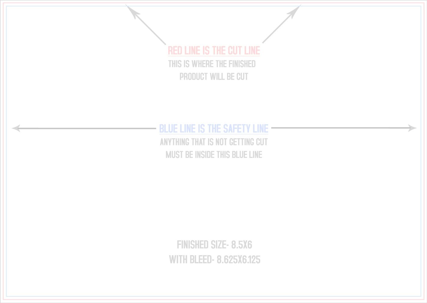 Postcards 6" x 8.5" Horizontal trim, safety and fold template guide