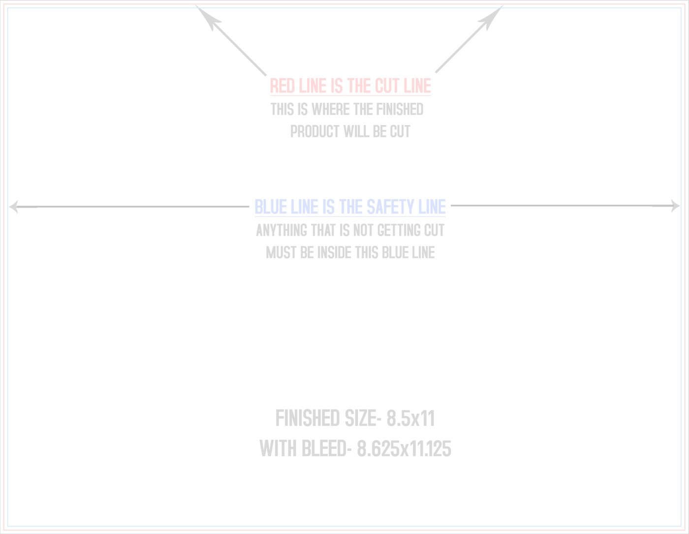 Postcards 8.5" x 11" Standard (Horizontal) trim, safety and fold template guide