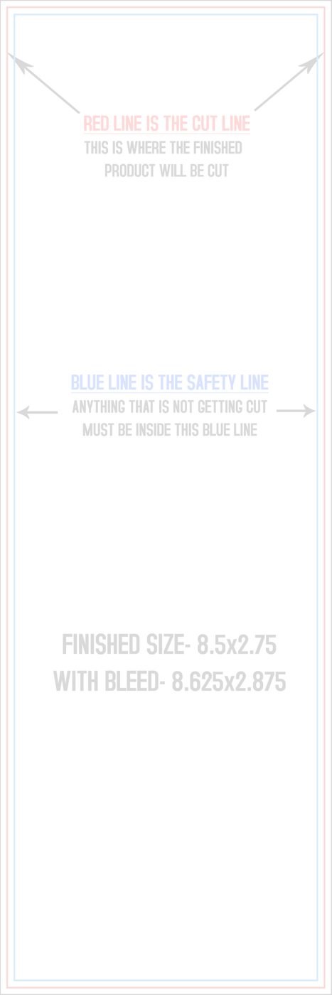 Postcards 8.5" x 2.75" Standard (Vertical) trim, safety and fold template guide