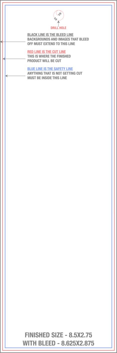 Postcards 8.5" x 2.75" With Drill Holes (Vertical) trim, safety and fold template guide