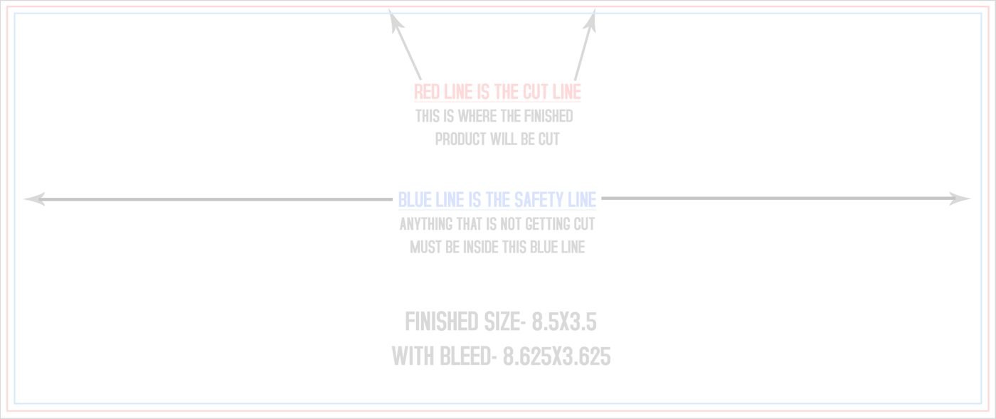 Postcards 8.5" x 3.5" Standard (Horizontal) trim, safety and fold template guide