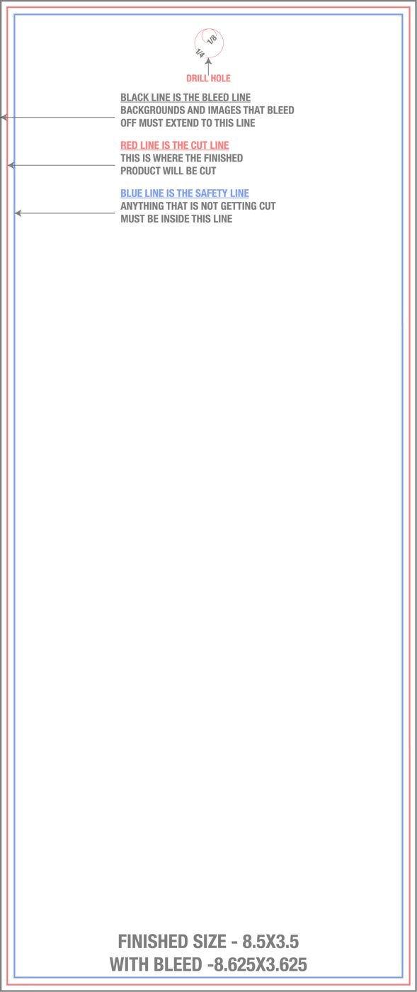 Postcards 8.5" x 3.5" With Drill Holes (Vertical) trim, safety and fold template guide
