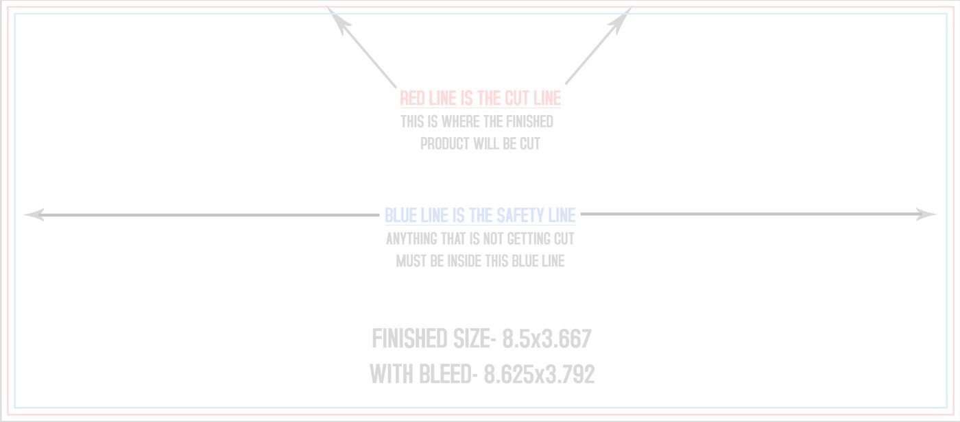 Postcards 8.5" x 3.66" Standard (Horizontal) trim, safety and fold template guide