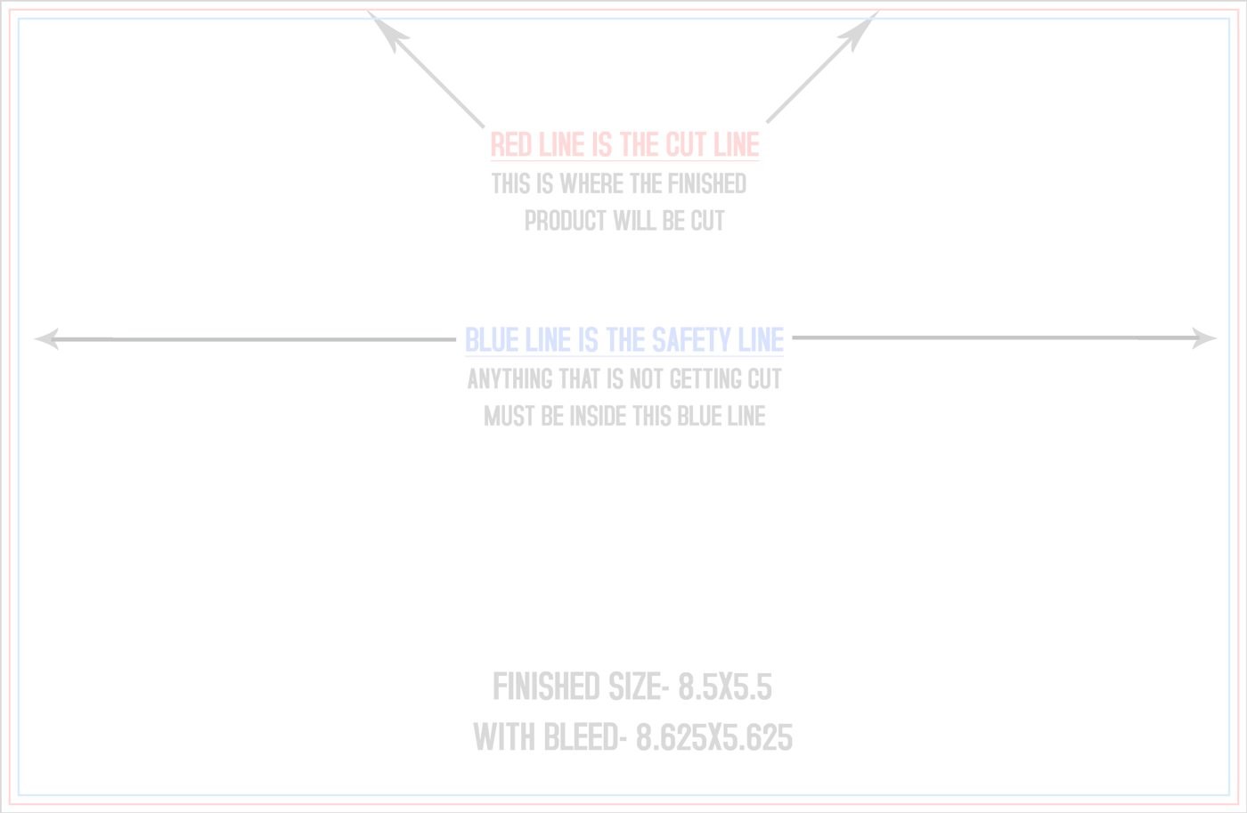 Postcards 8.5" x 5.5" Standard (Horizontal) trim, safety and fold template guide