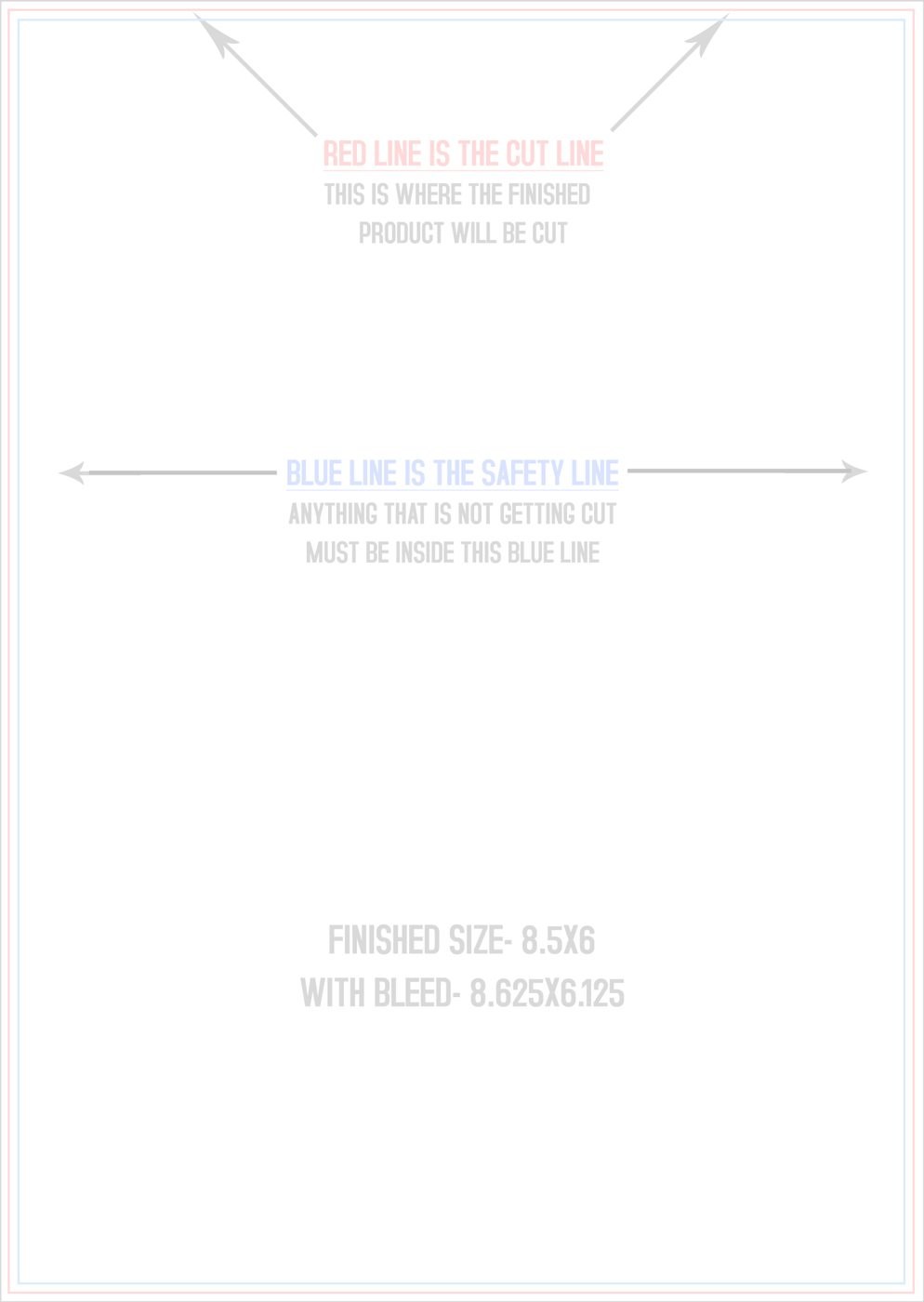 Postcards 8.5" x 6" Standard (Vertical) trim, safety and fold template guide