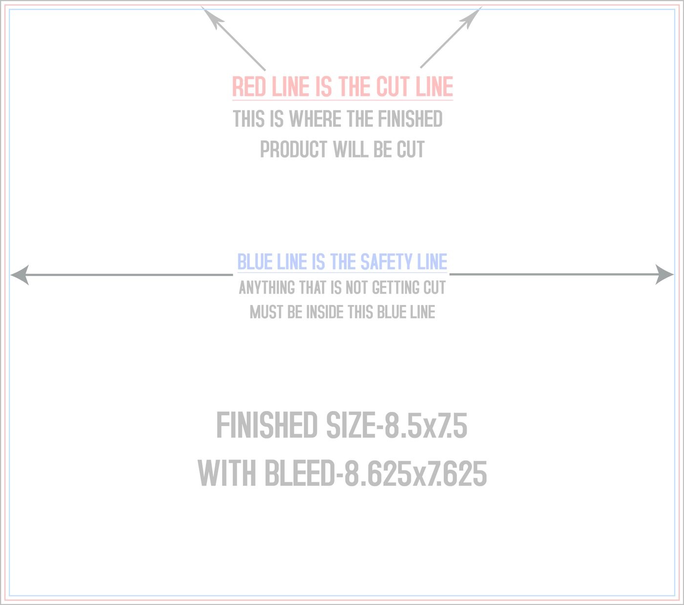Postcards 8.5" x 7.5" Standard (Horizontal) trim, safety and fold template guide