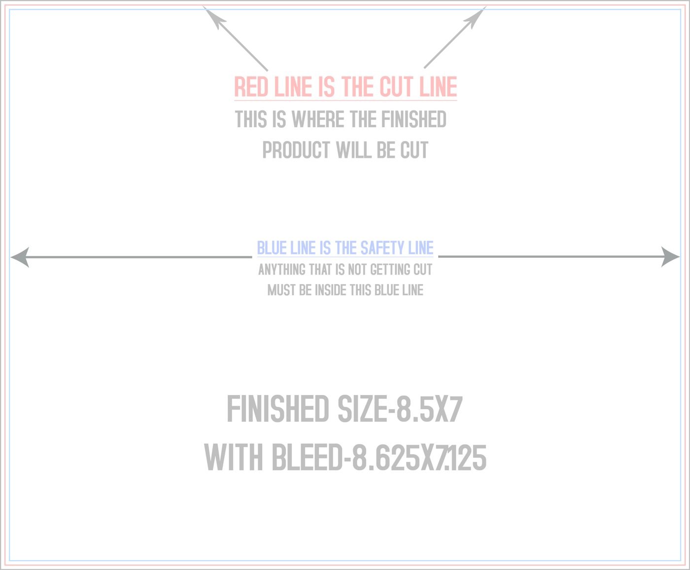 Postcards 8.5" x 7" Standard (Horizontal) trim, safety and fold template guide