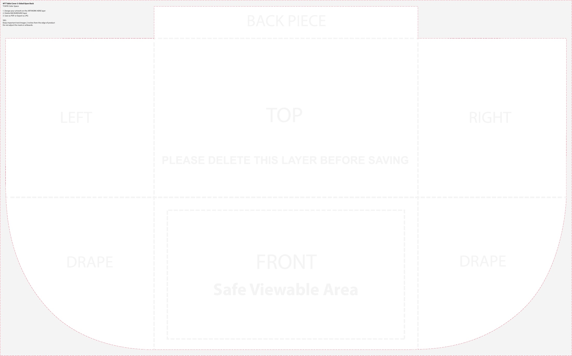 4ft Table Throw 3 sided (Open Back) panel and safe-area layout template