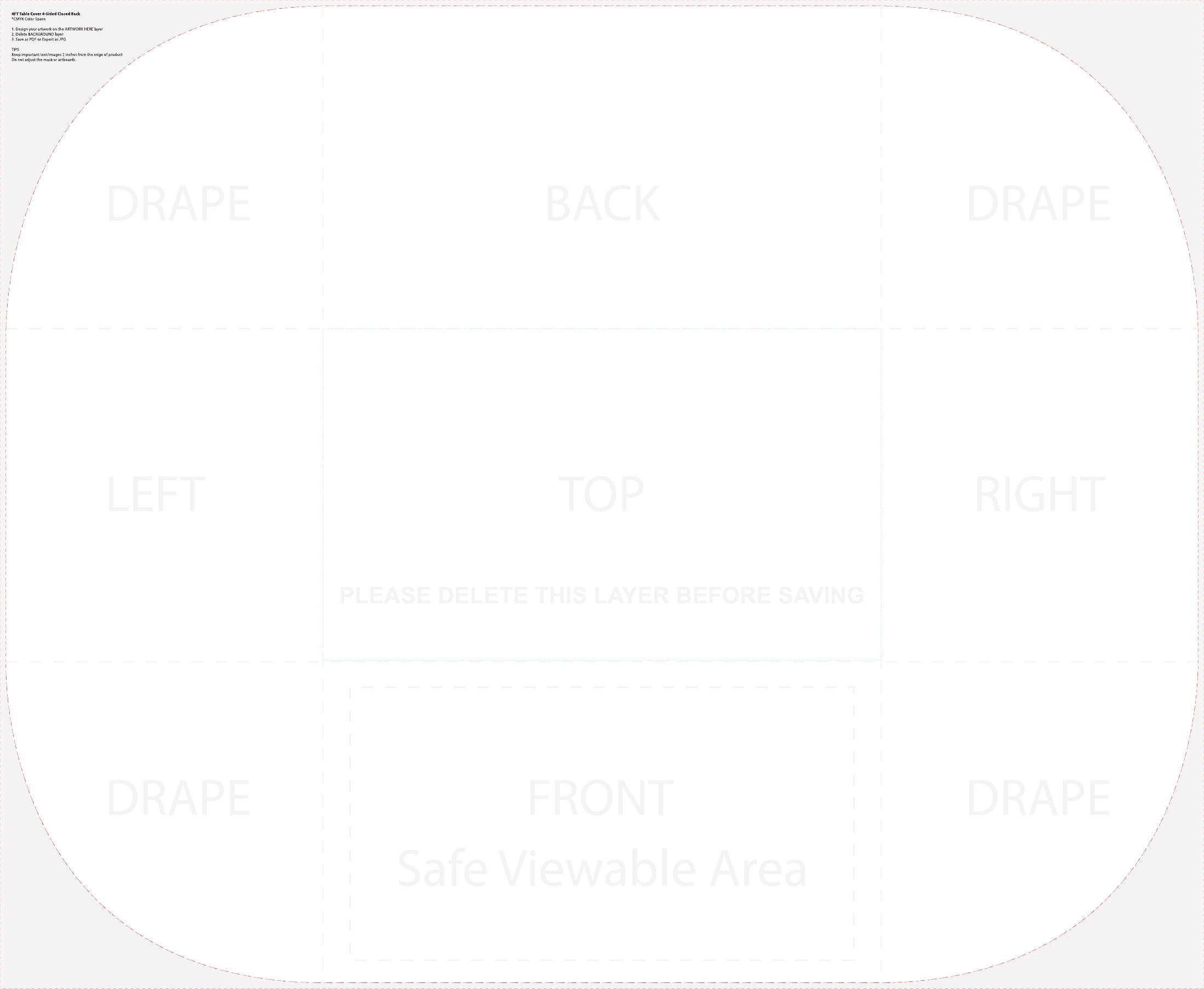 4ft Table Throw 4 sided (Closed Back) panel and safe-area layout template