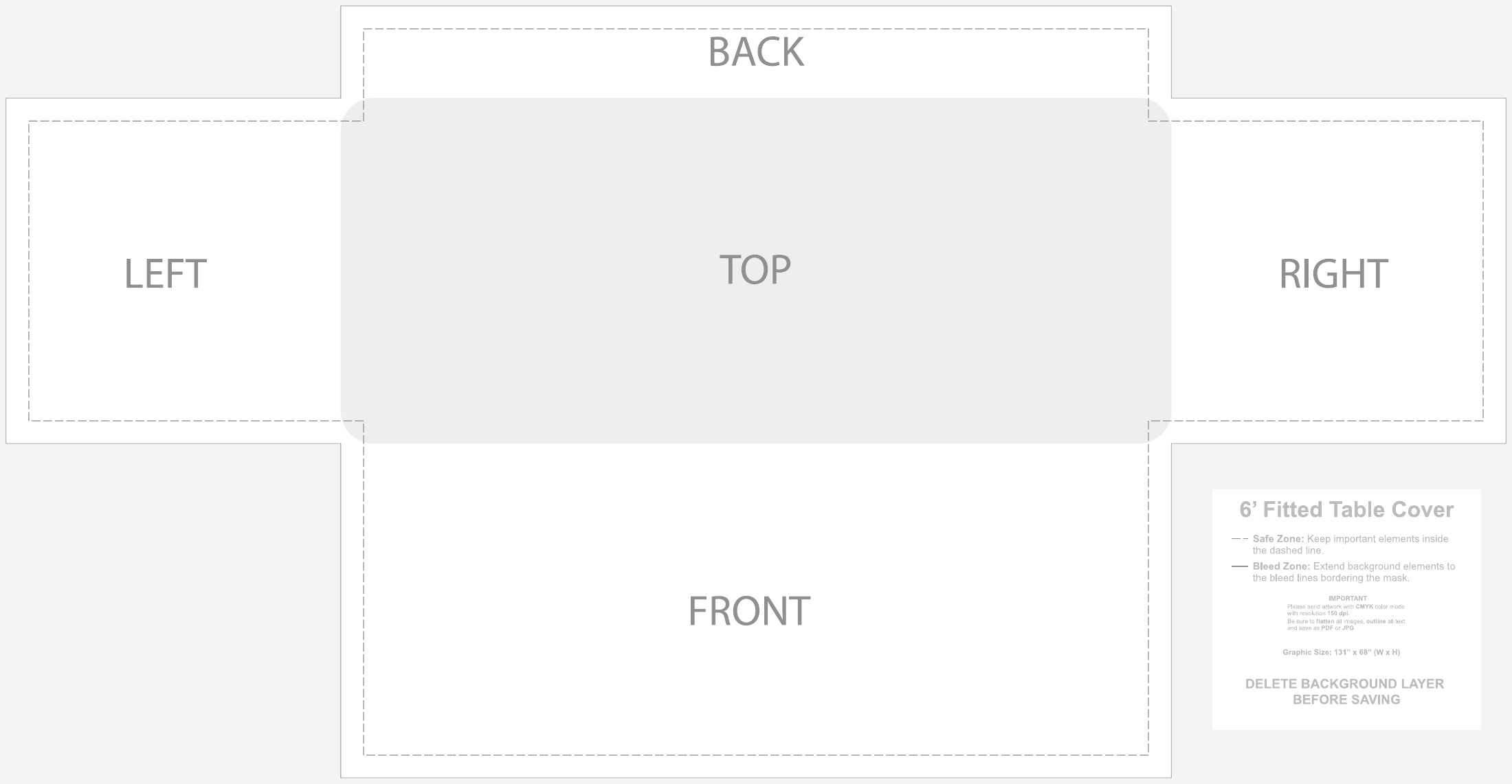 6ft Fitted Table Throw 3 sided (Open Back) panel and safe-area layout template