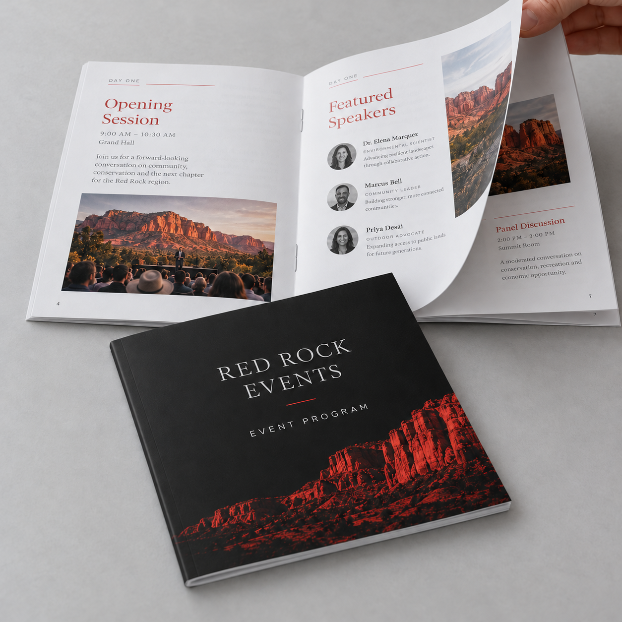 Open Red Rock Events booklet with center staples and a charcoal event-program cover