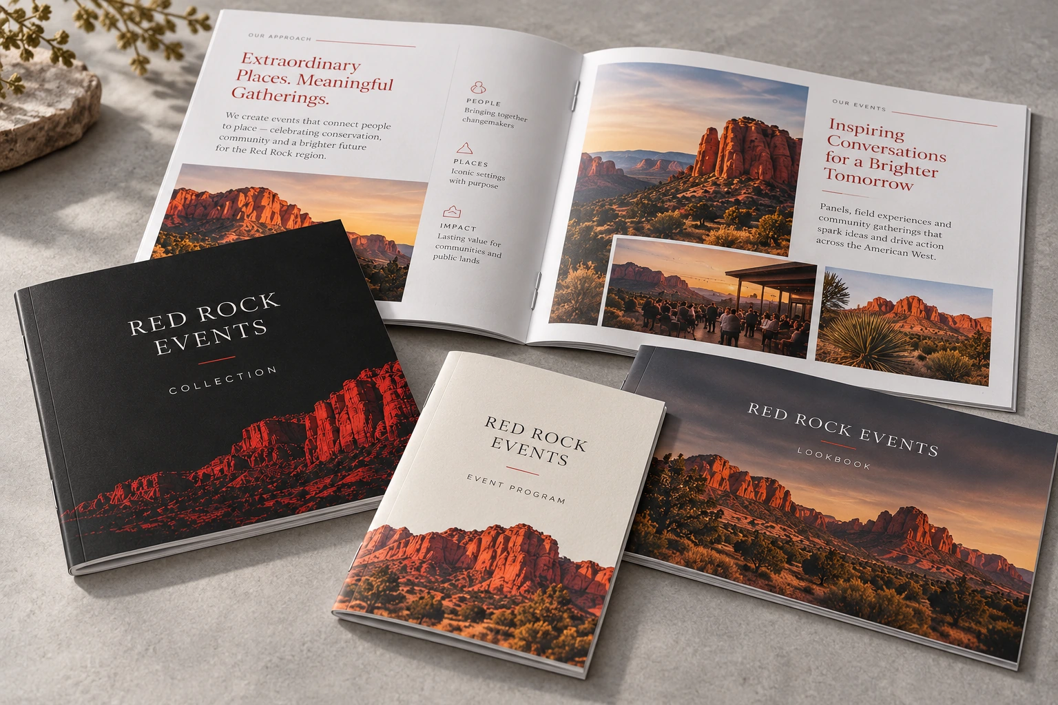 Red Rock Events square-back booklets, landscape catalog and ivory event program on a gray tabletop