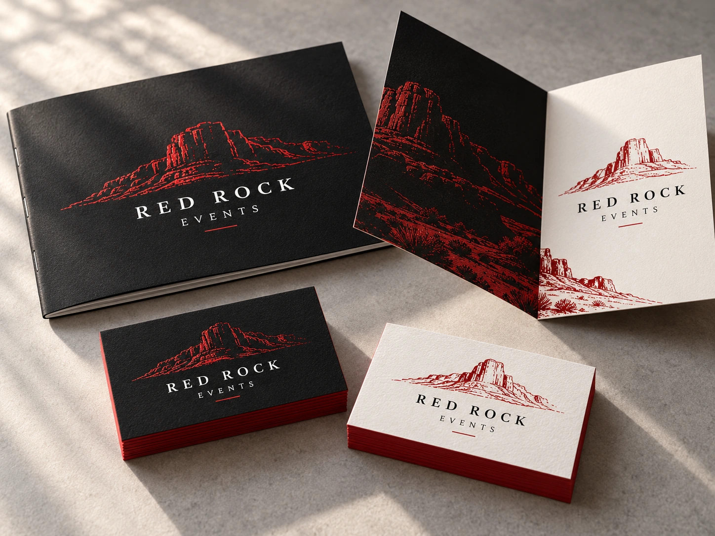 Red Rock Events business cards, folded brochure and booklet on a gray tabletop