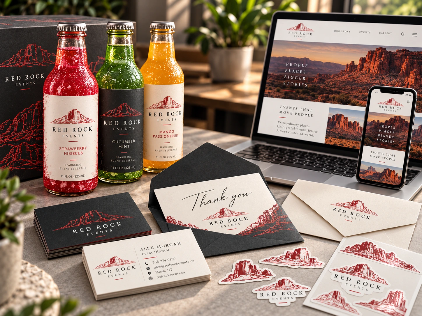 Complete business startup and corporate event branding package with custom labels, business cards, envelopes, thank-you cards and spot UV stickers