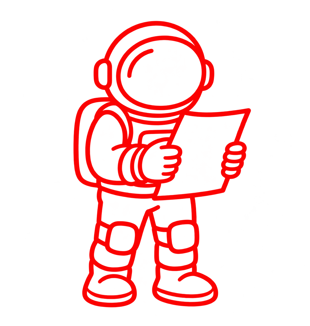 Red outline astronaut reviewing a print file