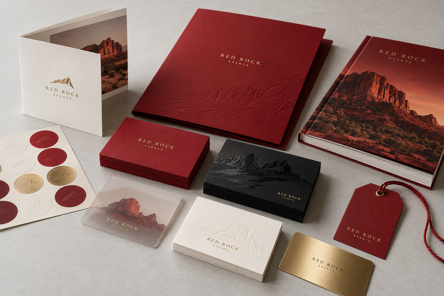 Illustrative Red Rock Events luxury collection with foil cards, frosted plastic, embossed paper, metal card, folder and catalog