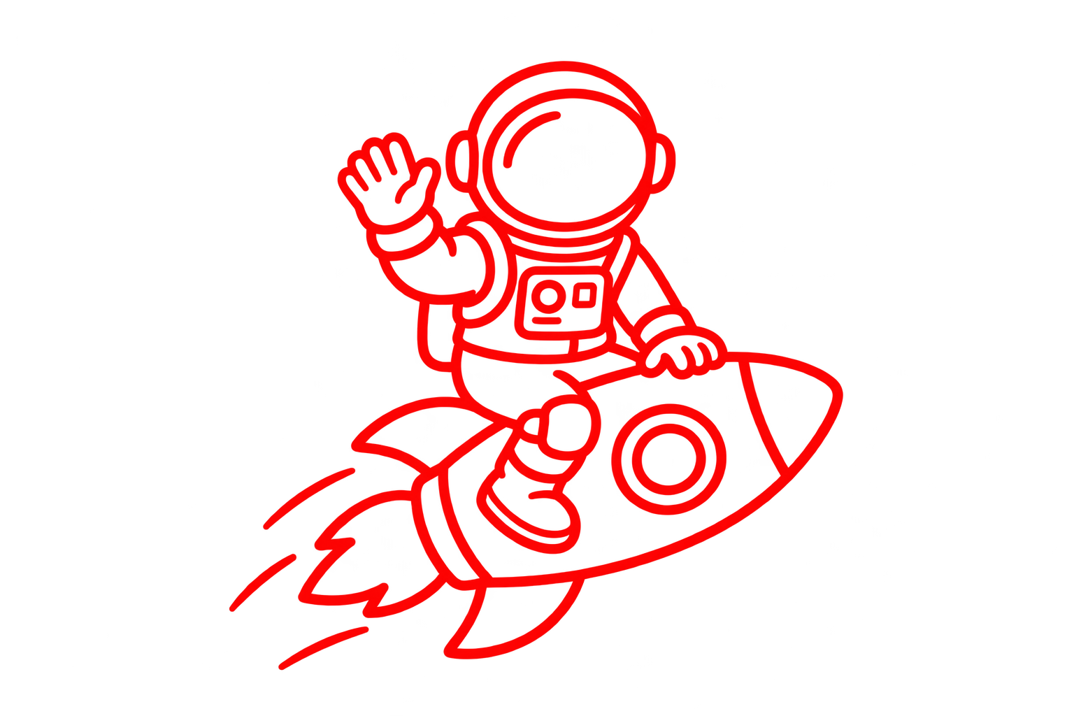 Red outline astronaut riding a rocket