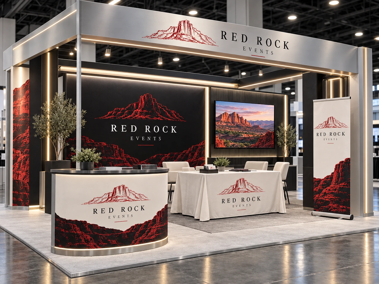 Red Rock Events premium trade show booth with illuminated graphics, silver framing, retractable banner, branded counter and printed table cover