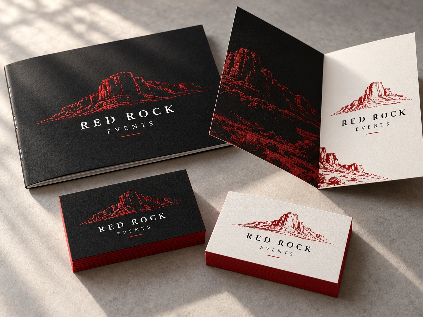 Red Rock Events business cards, folded brochure and booklet on a gray tabletop